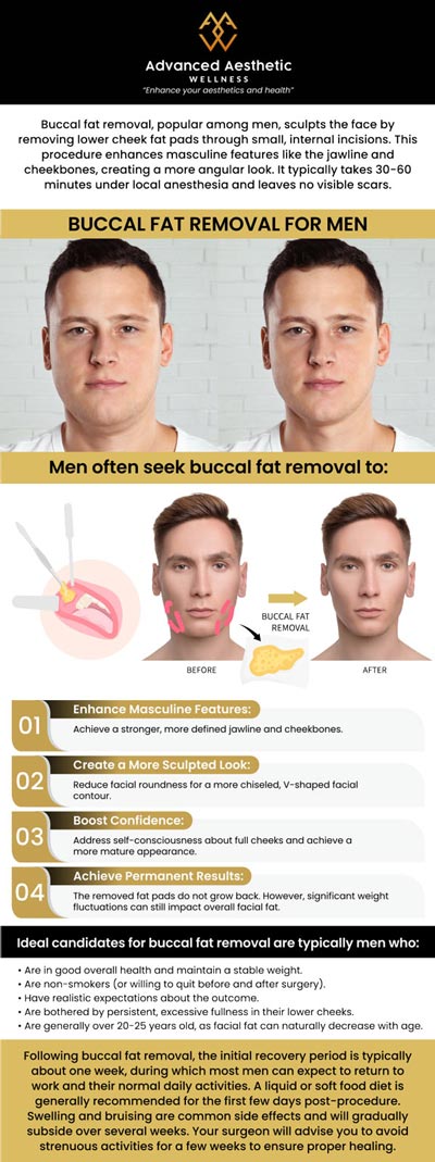 Buccal fat removal is a surgical procedure that aims to reduce excess fat. This treatment may be particularly appealing to men who wish to enhance their jawline, achieve sharper facial contours, and project a stronger, more masculine look. It's essential to consult with skilled professionals to ensure the procedure is customized to your unique facial structure and aesthetic goals, ultimately providing natural and balanced results. For more information, contact us or request an appointment online. We are conveniently located at 400 W. 41St Street, Suite #412, Miami Beach, FL 33140. Buccal fat removal is a surgical procedure that aims to reduce excess fat. This treatment may be particularly appealing to men who wish to enhance their jawline, achieve sharper facial contours, and project a stronger, more masculine look. It's essential to consult with skilled professionals to ensure the procedure is customized to your unique facial structure and aesthetic goals, ultimately providing natural and balanced results. For more information, contact us or request an appointment online. We are conveniently located at 400 W. 41St Street, Suite #412, Miami Beach, FL 33140.